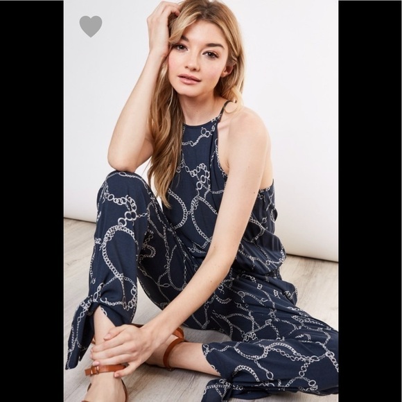 Navy Blue Chain Print Jumpsuit - Picture 3 of 7